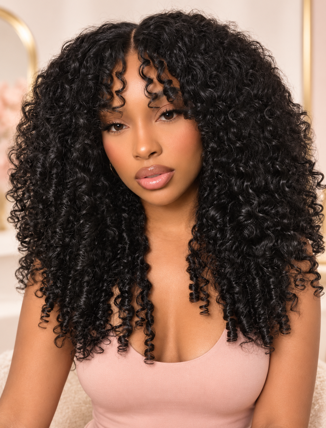 Model wearing a Booji Burmese Curly Custom HD Lace Wig